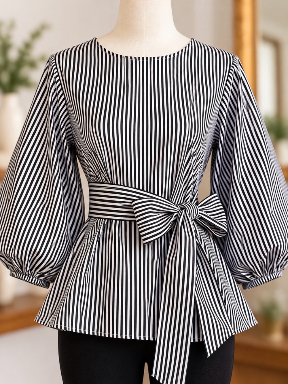 Black White Striped Peplum Top Tie Waist Balloon Sleeve Size S